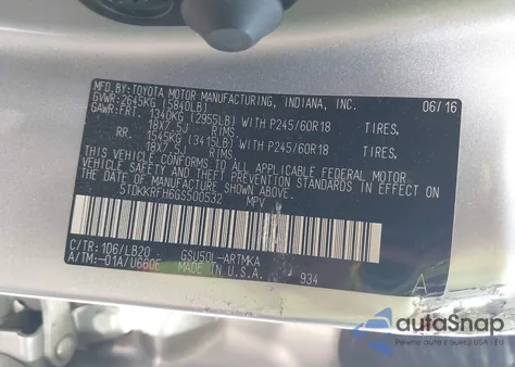 2016 Toyota Highlander Xle V6 z USA, uszkodzony, nr VIN 5TDKKRFH6GS500532